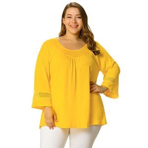 Women's Plus Size Crochet Panel Kimono Raglan Sleeves Tops Yellow